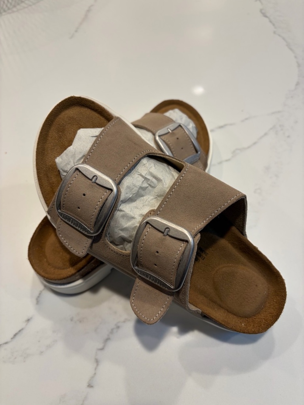 Women’s Taupe Double-Buckle Suede Clog Sandals